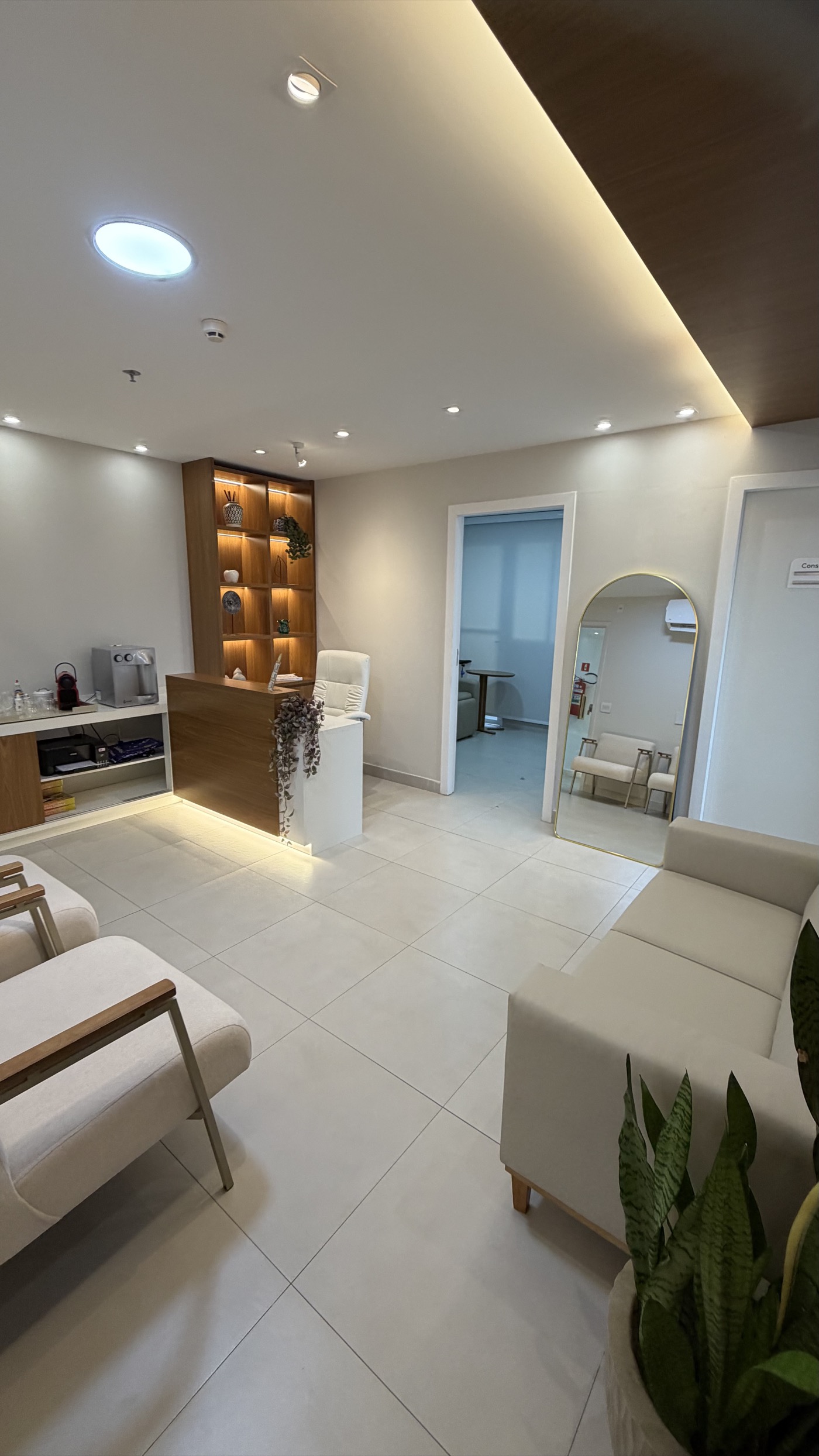 Recepção do Instituto Eva com balcão de madeira, sofá e poltronas
